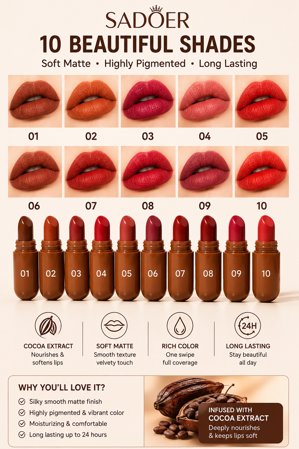 Sadoer Sweet Kiss Cocoa Capsule Matt Lipstick