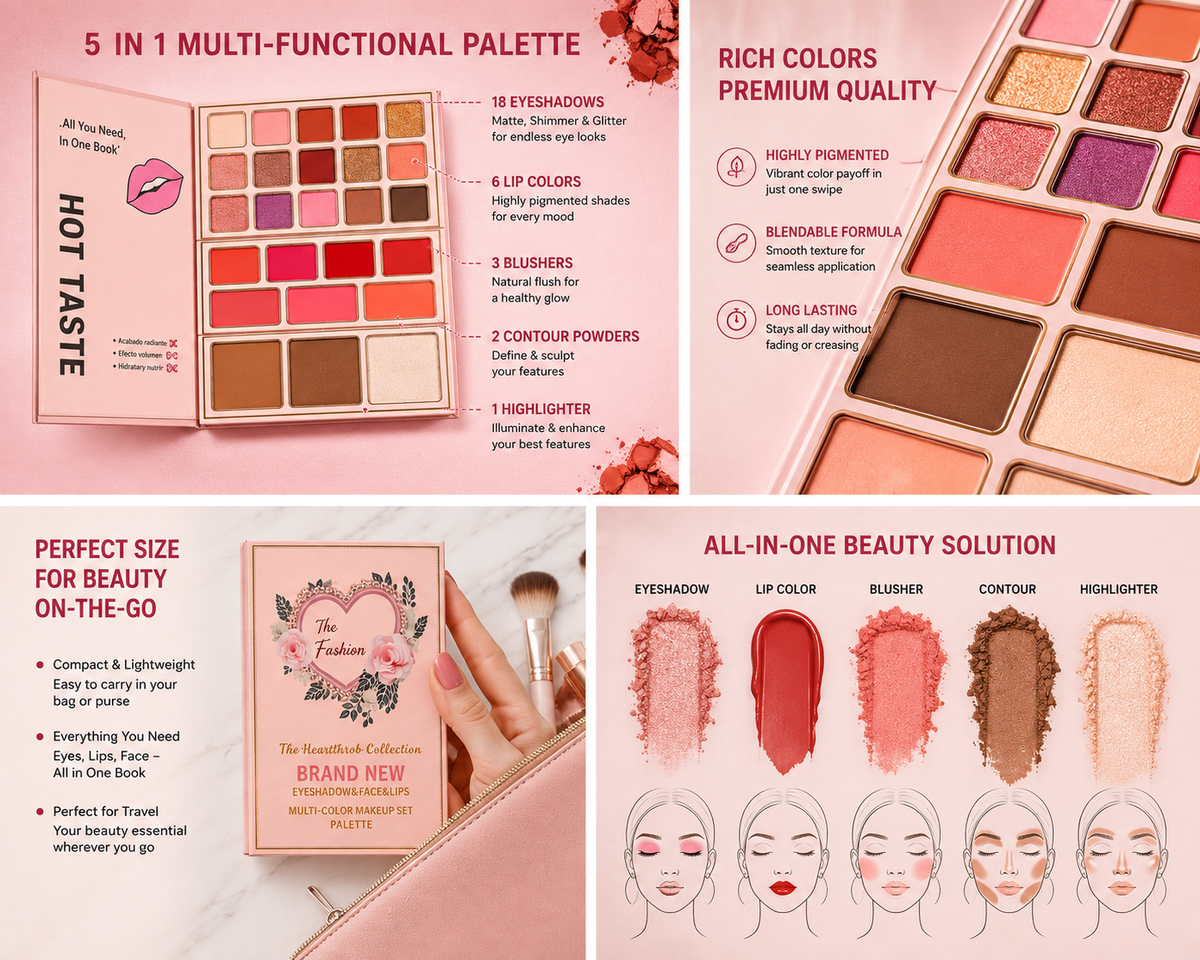 Hot Taste 5 in 1 Makeup Book Pallete - Eyeshadow, Lip Color, Blush & Contour Book