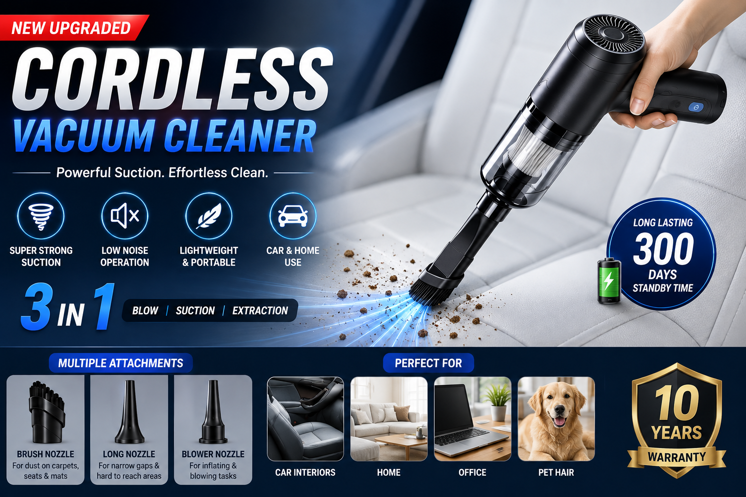 Powerful 3-in-1 Cordless Vacuum – Home, Car & Everyday Cleaning