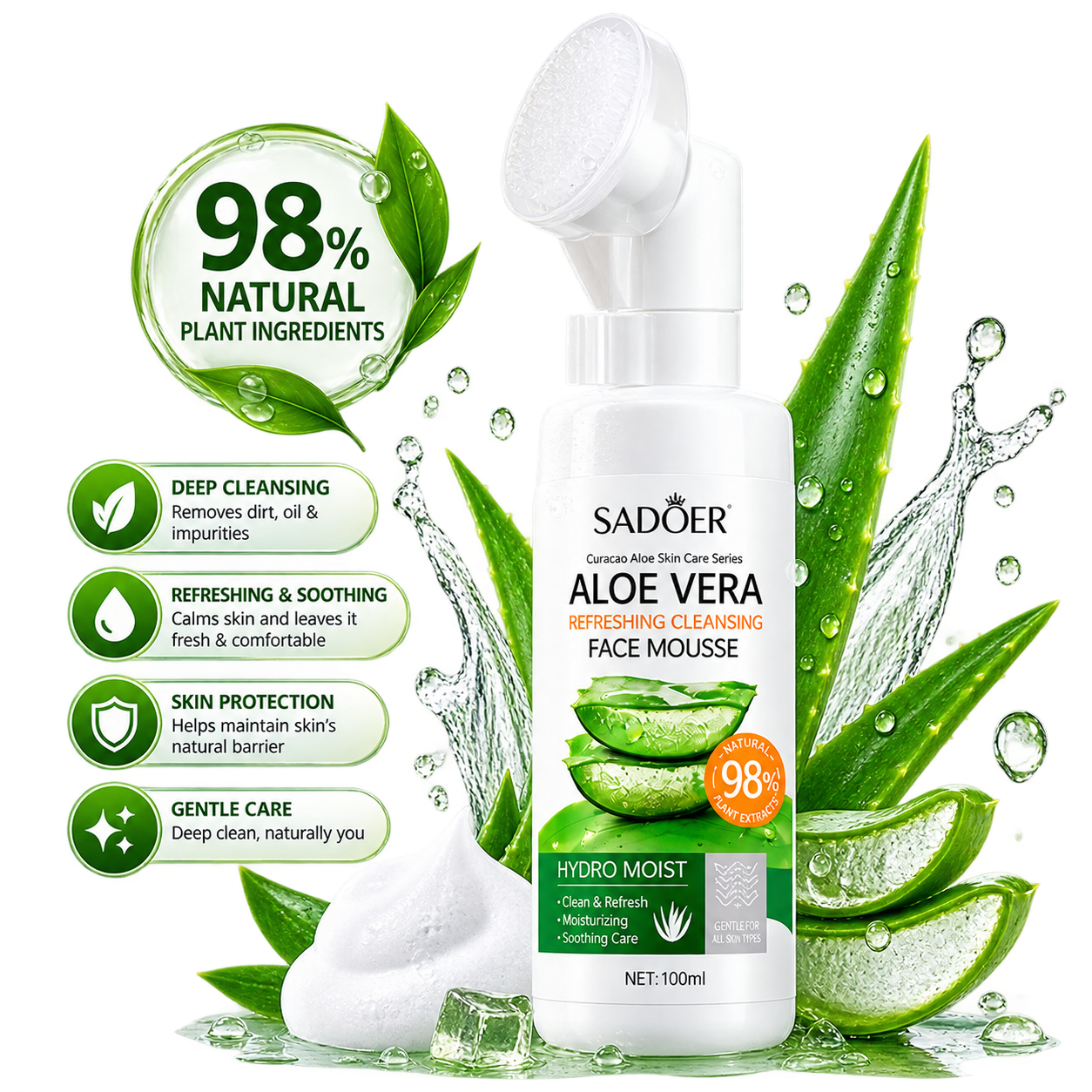 Sadoer Aloe Vera Refreshing Cleansing Face Mousse with Silicone Brush